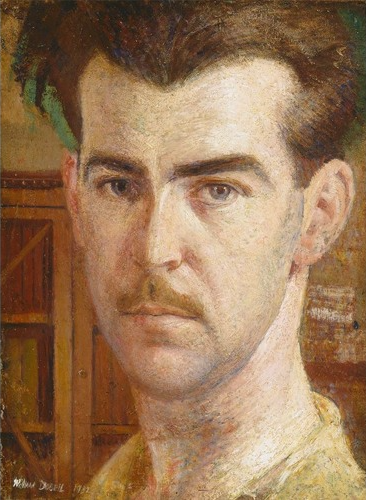 An oil painting of a person with short dark brown hair and light skin. They have a light moustache. Behind them are bookshelves.