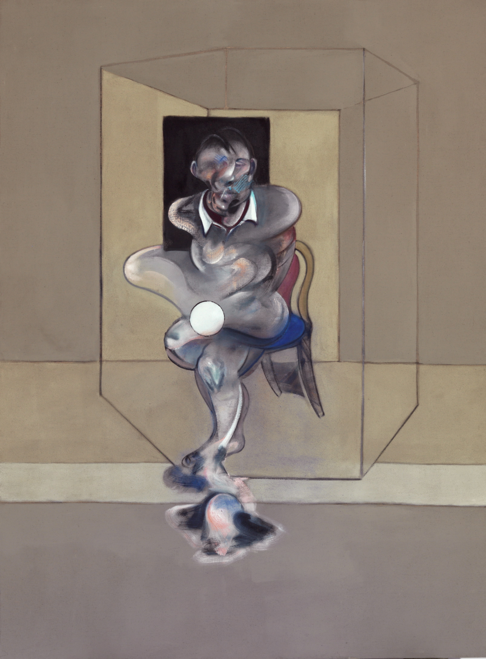 An oil and pastel painting of a warped, greay human figure on a chair inside a transparent cage.