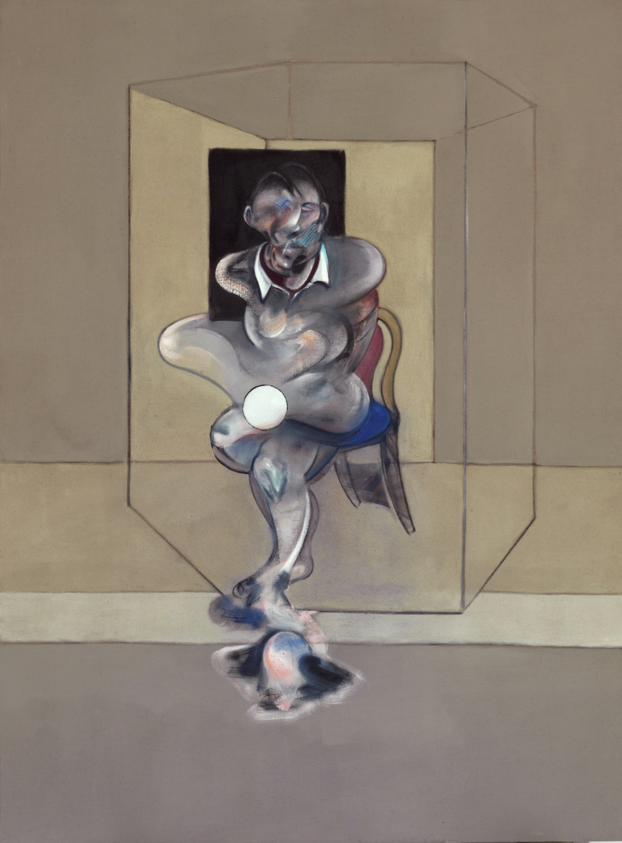 An oil and pastel painting of a warped, greay human figure on a chair inside a transparent cage.