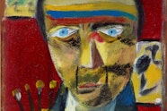 A painting of a person's head, sholders and neck. The person has blue eyes, short black hair and yellow, blue and red stripes across the forehead.