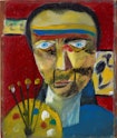 A painting of a person's head, sholders and neck. The person has blue eyes, short black hair and yellow, blue and red stripes across the forehead.