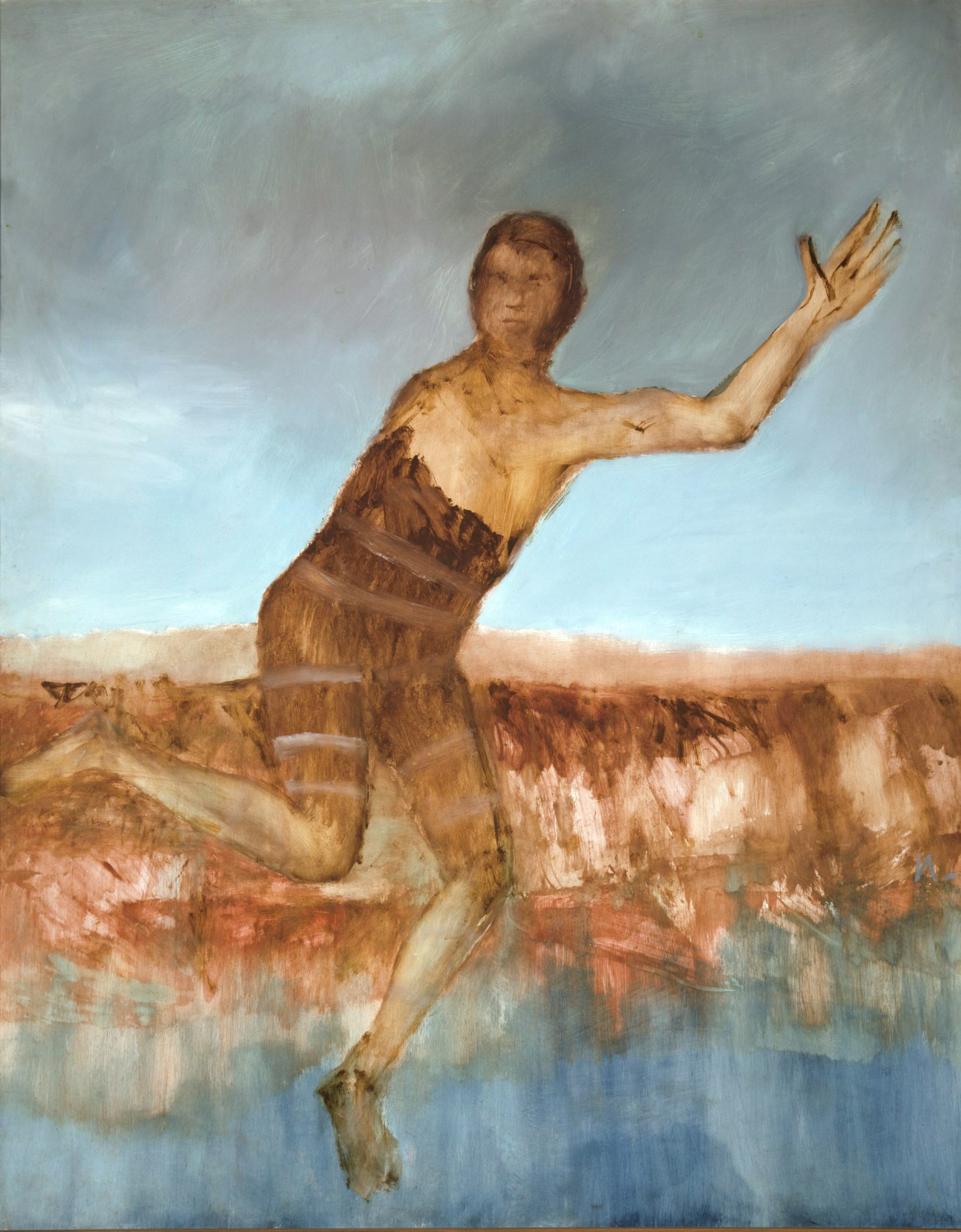 An oil painting of a person with a left arm held aloft. They appear to be running and looking behind them.