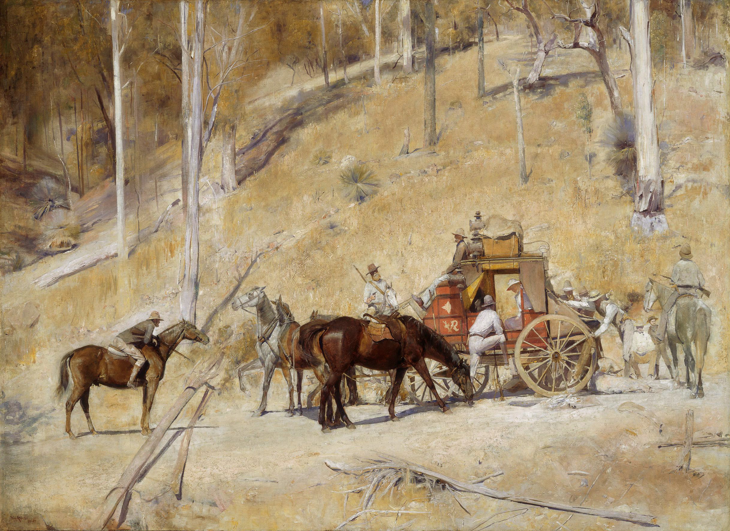An oil painting of people on horses surrounding a coach. Behind them is a dry scrubland and sparse trees.