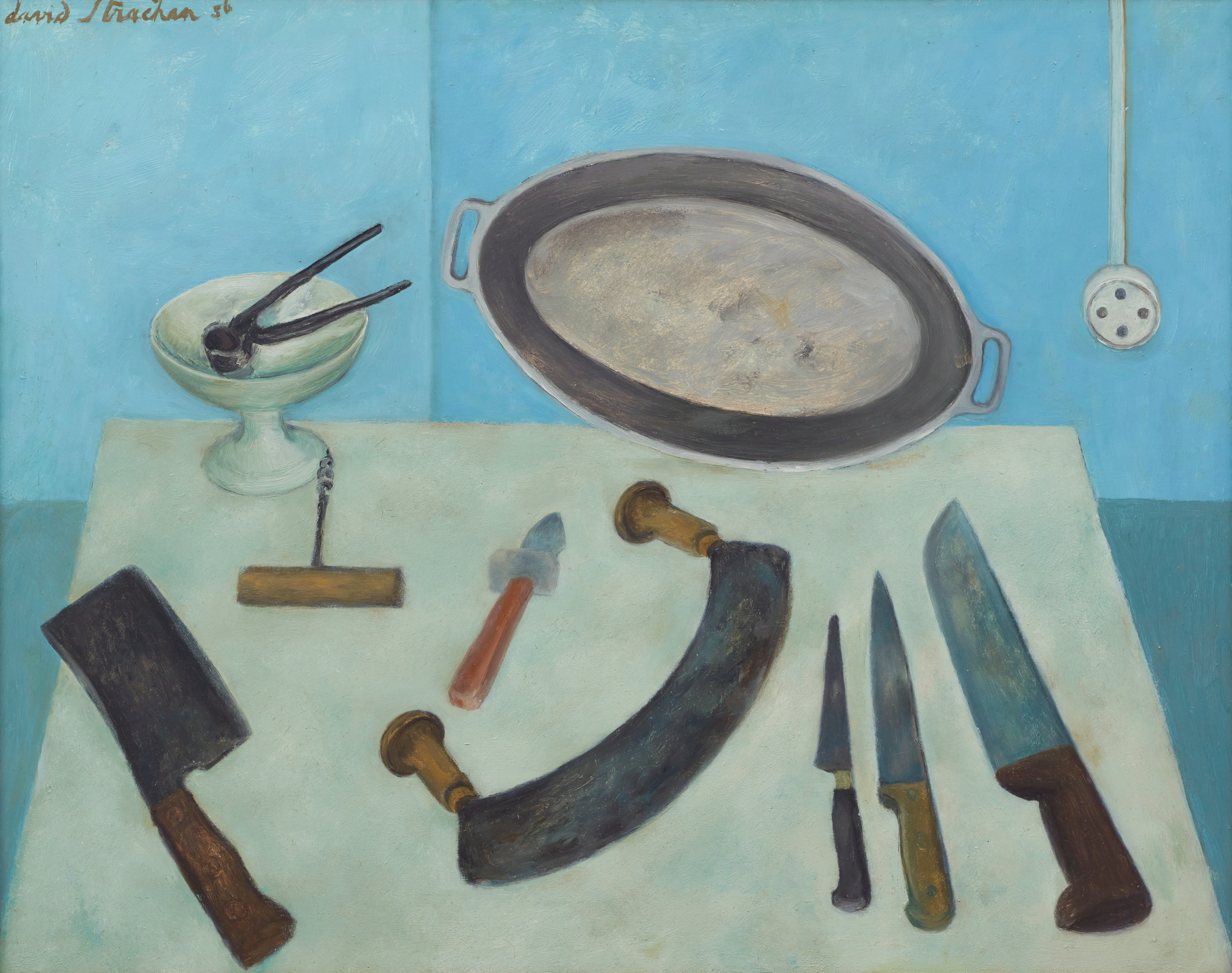 An oil painting of a still life with kitchen tools: a cleaver, corkscrew, nutcracker, tureen, herb knife, lemon juicer and three knives.