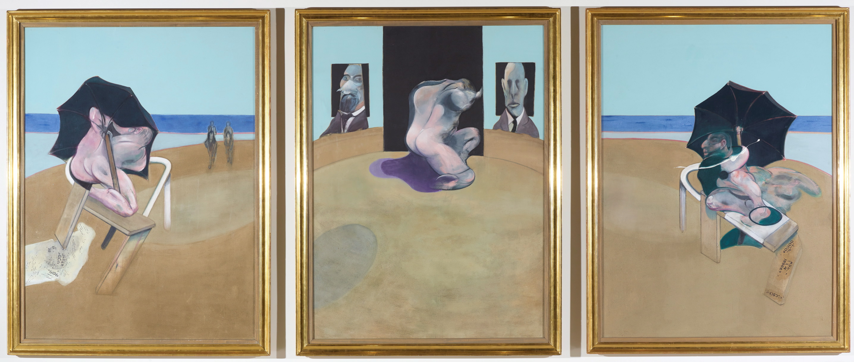 Three oil paintings of enigmatic twisted figures. The figures in the outer paintings carry open black umbrellas. The figure in the middle is facing two portraits.