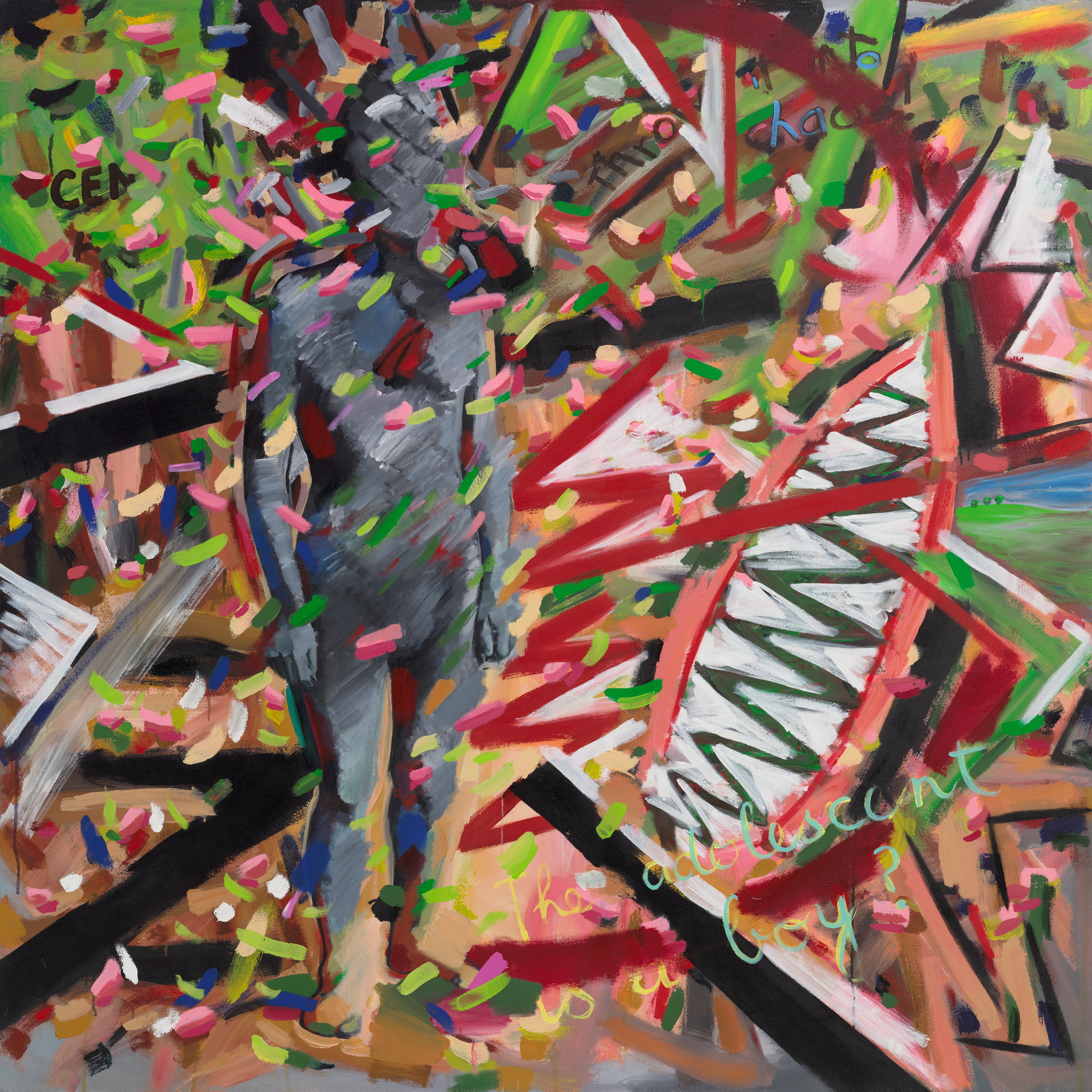 An acrylic painting of a grey figure under brushstrokes of green and pink. Next to the figure is a toothed vagina.