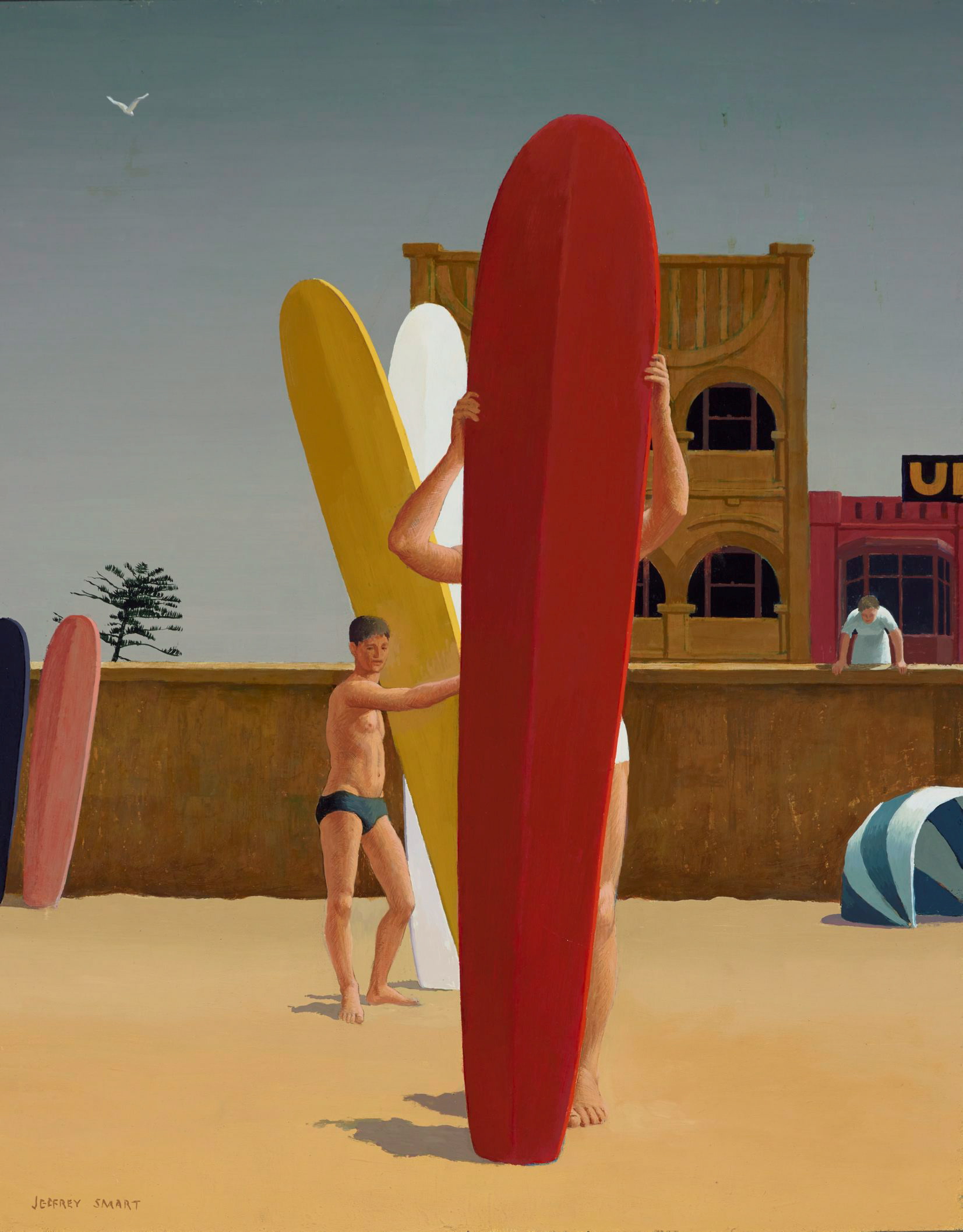 A painting of beach scene with a blue sky. In the foreground is a red surfboard vertical in the sand, hiding the person holding it up. Behind this person is a yellow sufboard held upright by another person.