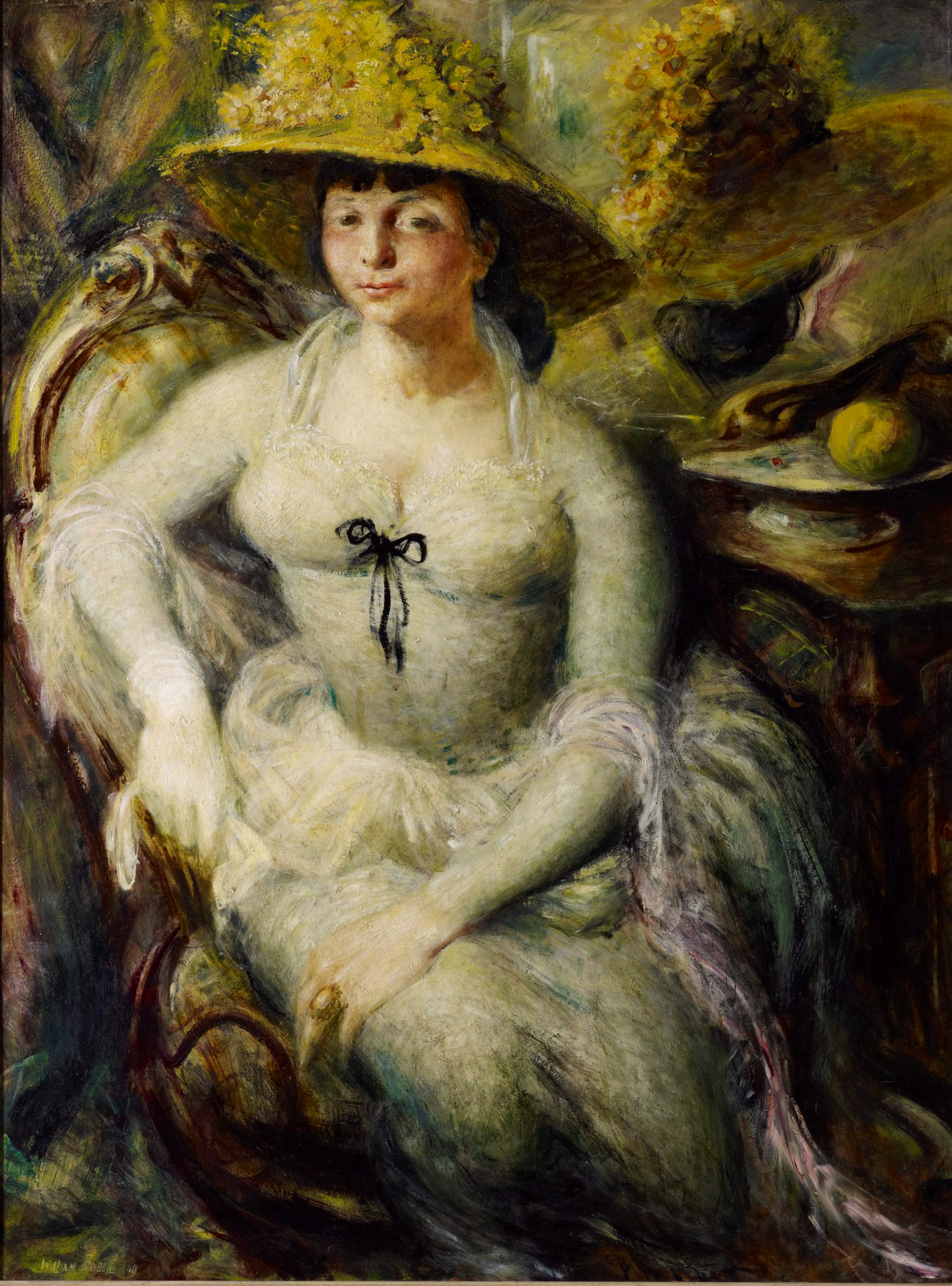 A portrait of Margaret Olley wearing a white dress, one white glove and a large bonnet.