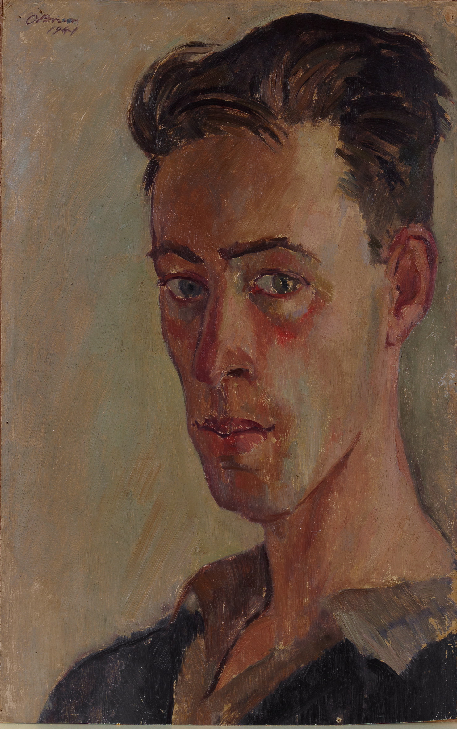 An elongated portrait of a person with light skin and short dark brown hair. They are looking slightly to the side.