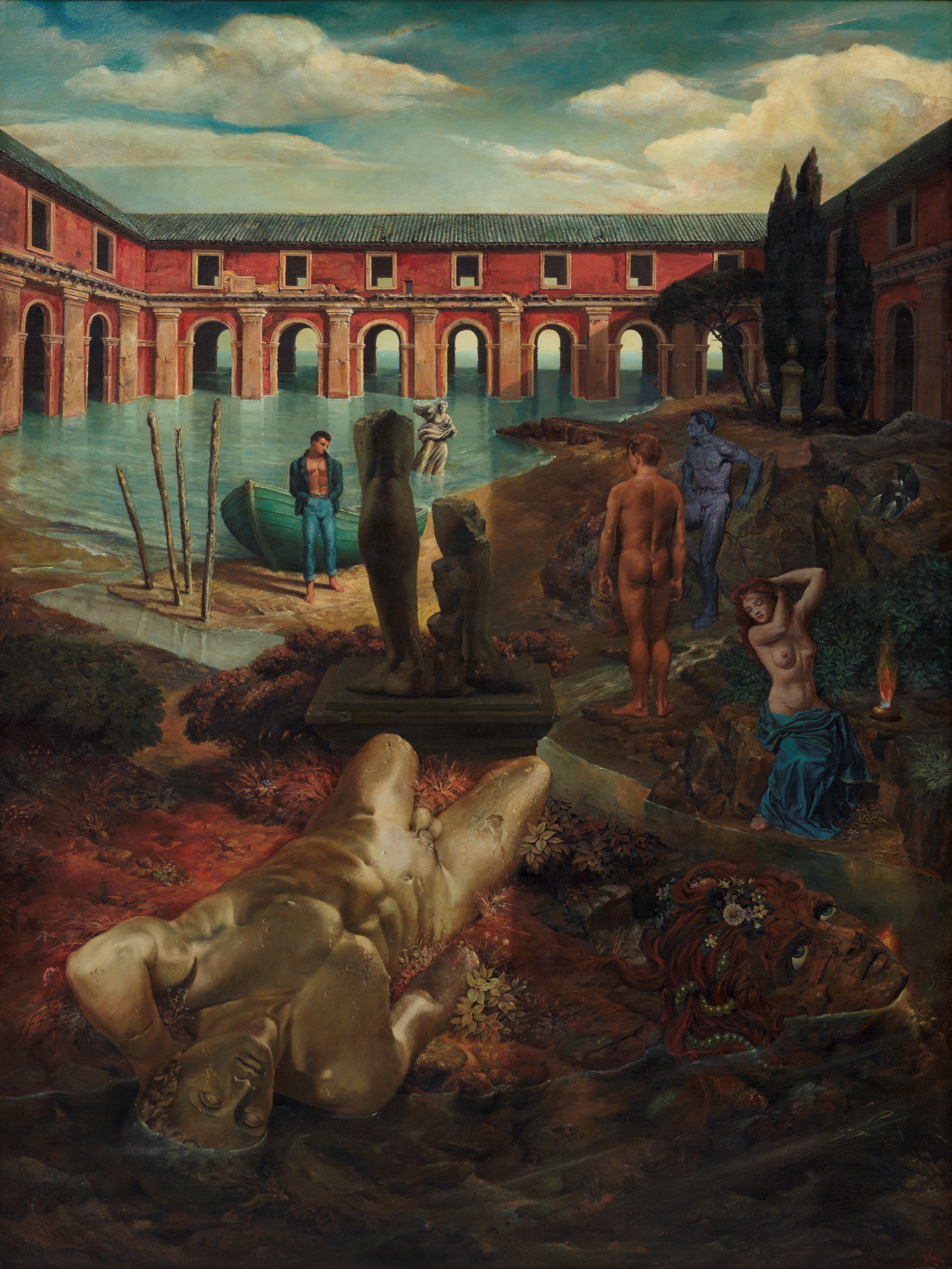 An oil painting of a several naked figures standing or sitting. A statue of a naked figure has toppled off into the foreground, broken at mid-thigh. In the background is a person in a blue outfit in front of a boat.