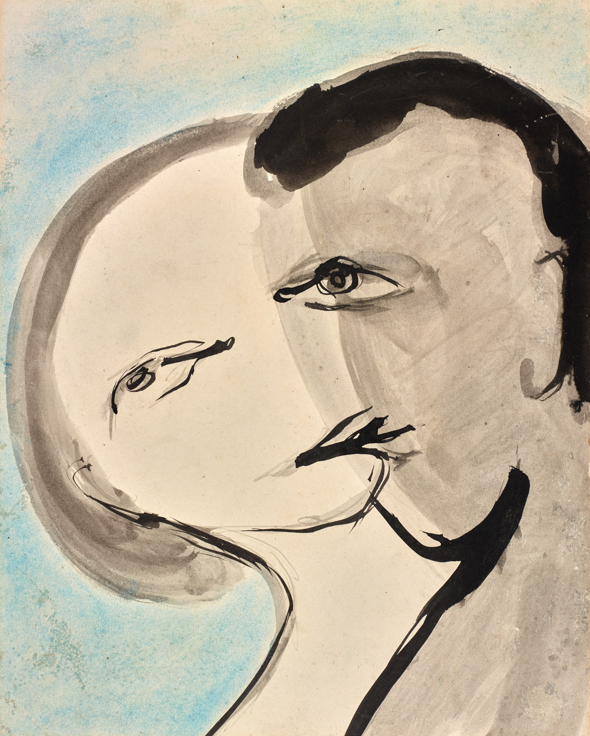A watercolour painting of two overlapping faces on a blue background.