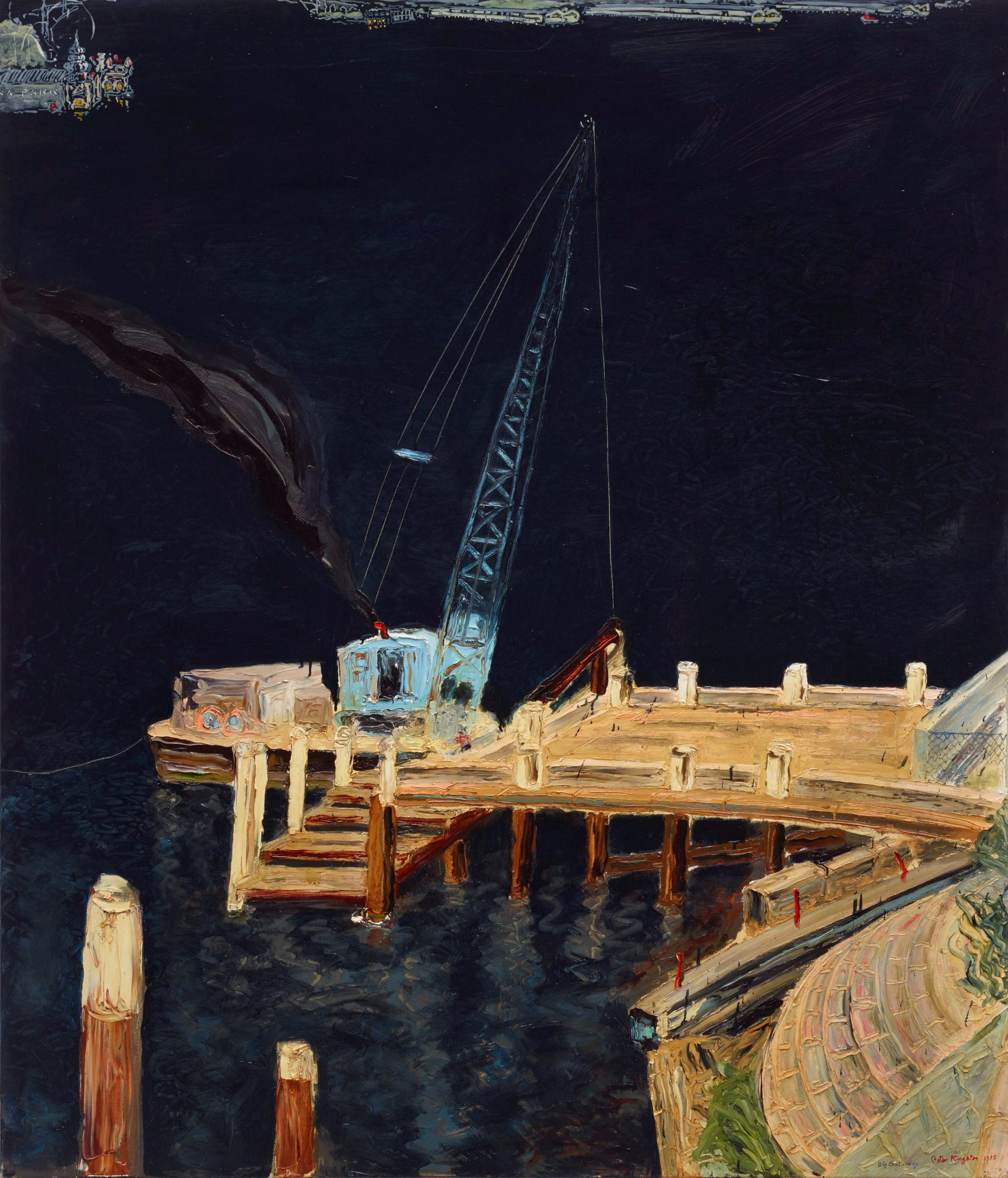 An oil painting of a wooden wharf with a blue crane. The water is dark and in the top left-hand corner is Luna Park‘s ferris wheel and entrance.