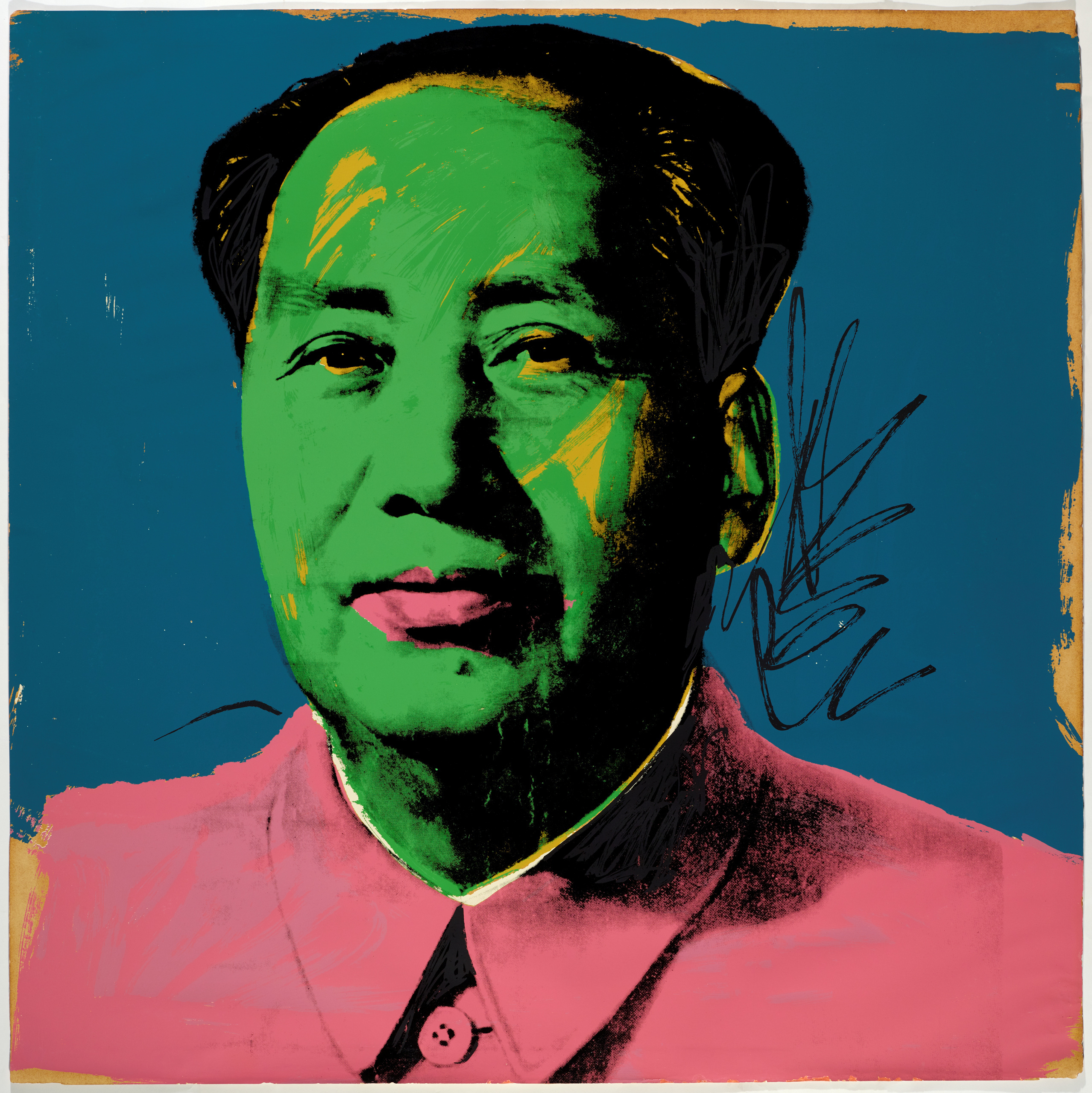 A colour screenprint portrait of Mao Zedong. Mao's face is green, his lips and jacket are pink and the background is blue.