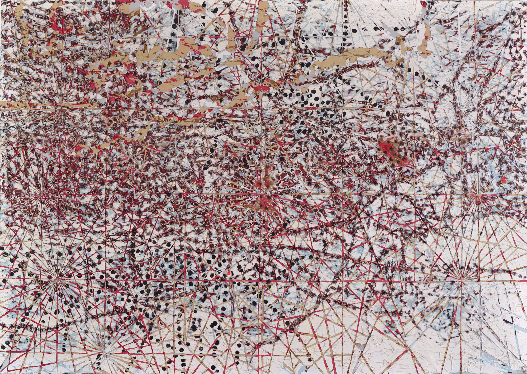 A mixed media painting of hundreds of black marks criss-crossed by red lines on a white background.