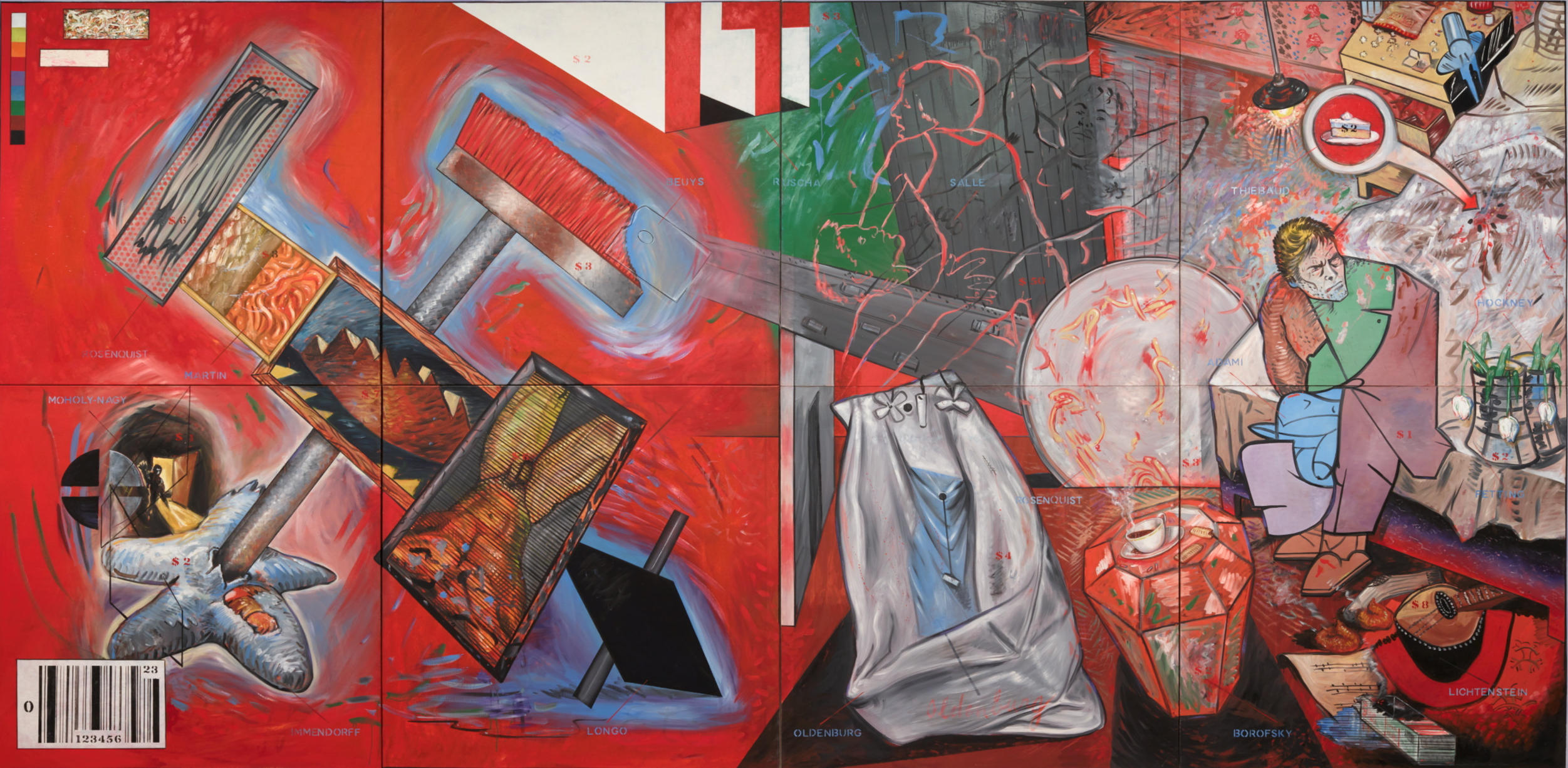 A four-panel oil painting teeming with images of consumer goods, naked bodies and household objects.
