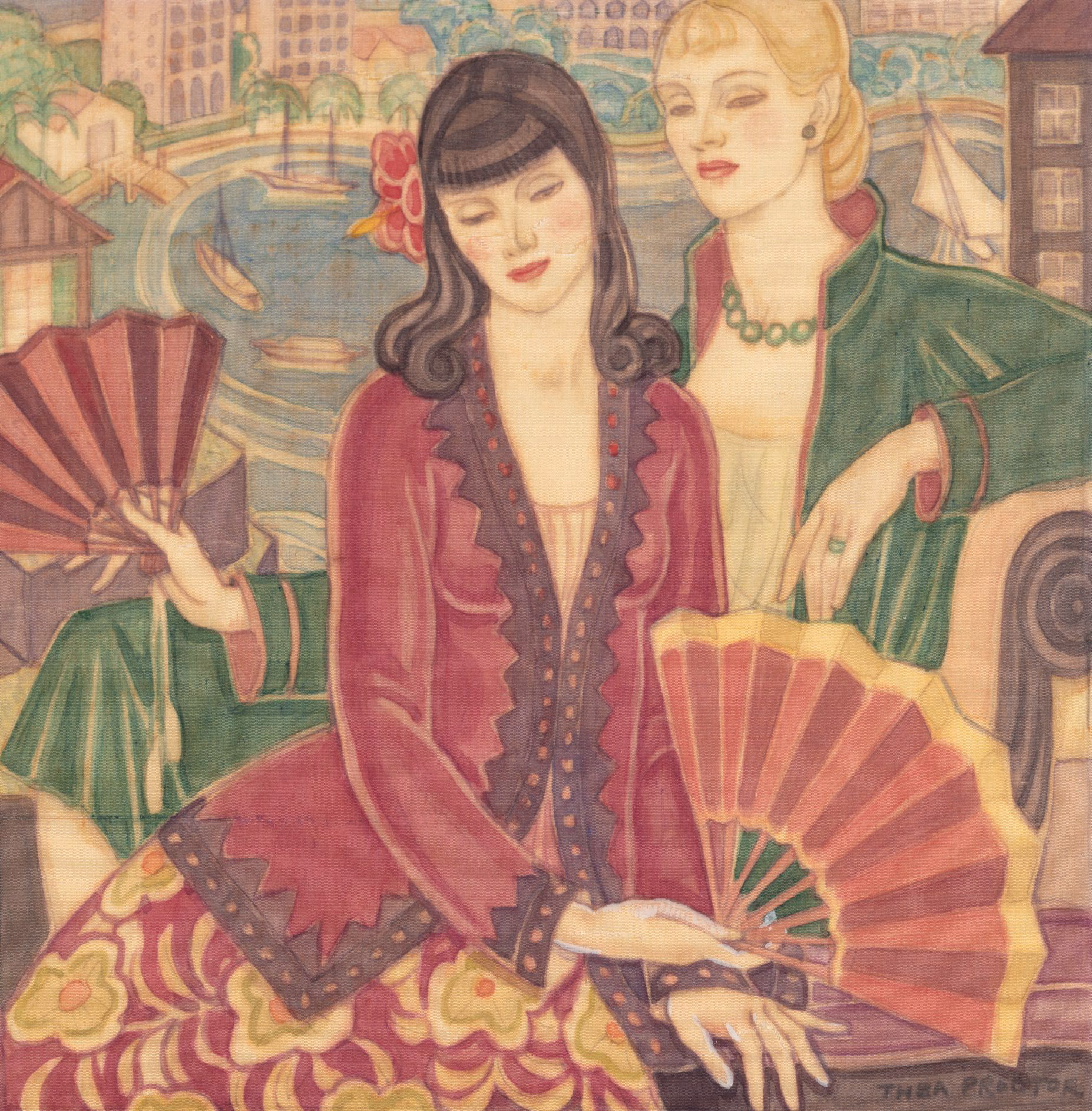 A pencil and watercolour artwork on silk of two people sitting closely holding paper fans. They are dressed in jackets and dresses. Behind them is a scene of a bay surrounded by tall apartment buildings.