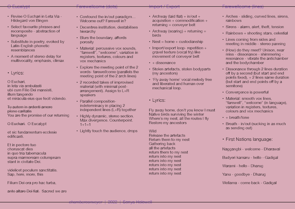 Four columns of text, with headings that include O Eucalypt, Farewellcome (dots), Import / Export and Farewellcome (lines)