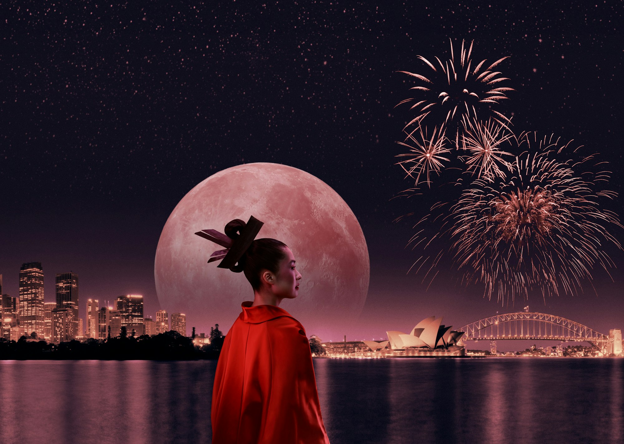 A person in red with a citscape in the distance, a huge full moon and fireworks
