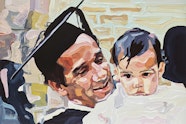 A person wearing an academic mortarboard cap holds a young child