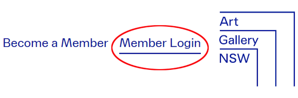 On the right, a logo with the words Art Gallery NSW. On the left, the words Become a Member, In the middle, the words Member Login are underlined and circled