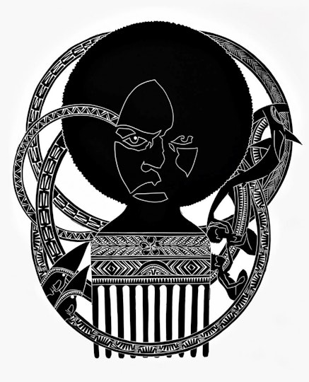 A face within a black circle surrounded by circular patterns and on top of a comb-like form