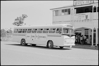 Student Action for Aborigines bus outside the Hotel Boggabilla in February 1965, courtesy of Mitchell Library, State Library of New South Wales and SEARCH Foundation