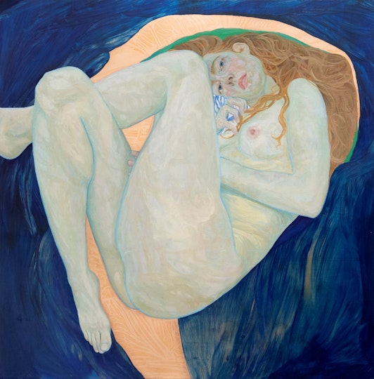 A curled-up nude figure
