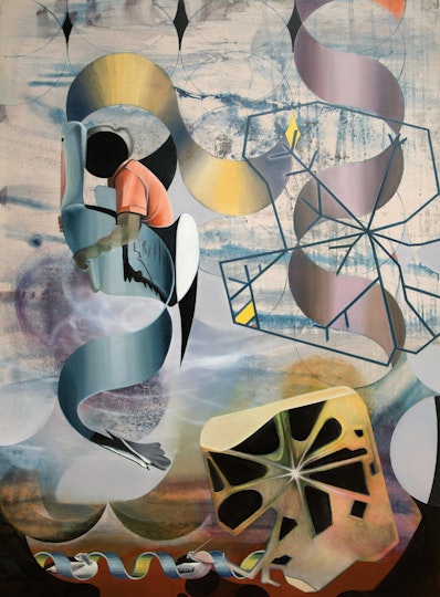 An abstract image that includes a human figure and ribbon-like forms