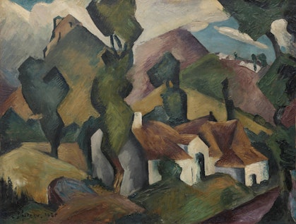 A painting of white buildings among trees, fields and hills