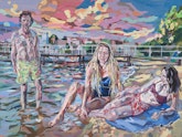 Archibald Prize 2023 finalist Oliver Watts 'Heidi May, Elle Charalambu and the artist at Redleaf Pool'