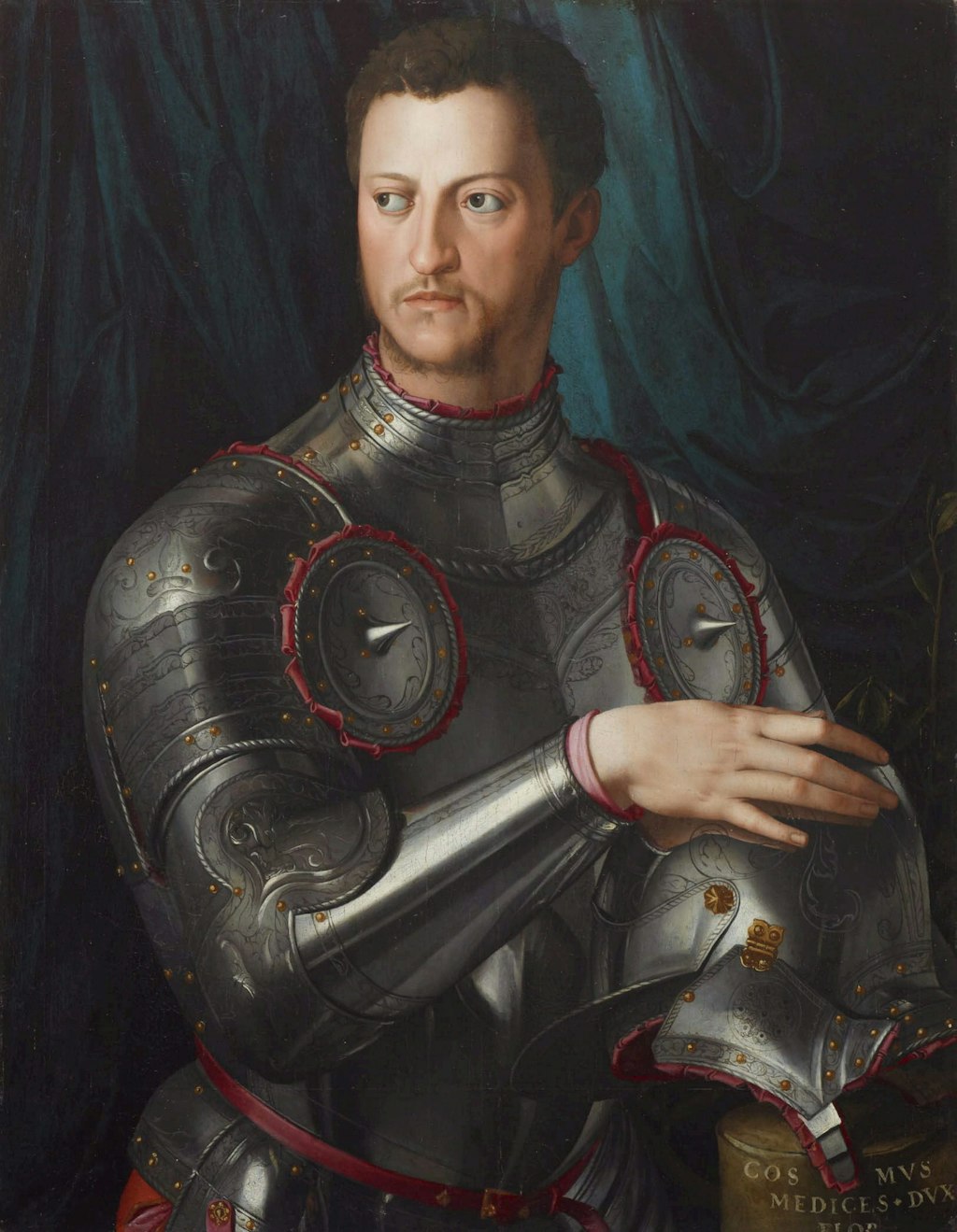 A portrait painting of a person with short brown hair and light skin wearing a suit of armour.