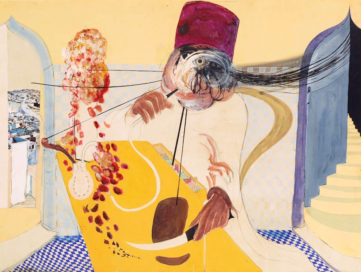 Within a room with views across a city, a person in a fez cuts an object with a knife.