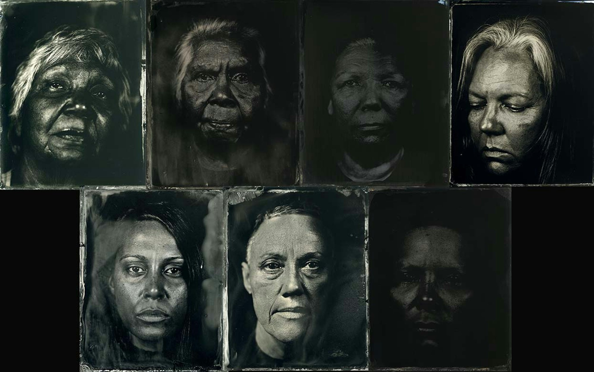 Brenda L Croft Matilda II (Ngambri), Ali I (Biripi), Lola (Dharawal), Suz II (Wiradjuri), Miah I (Gamilaroi/Dunghutti/ Wirrayarray), Brenda L II (Gurindji/Malngin/Mudburra) and Kyra II (Malera/Bandjalan/Mitakoodi) from the series Naabami (thou shall/will see): Barangaroo (army of me) 2019–22, inkjet prints from original tintypes, images courtesy and © the artist