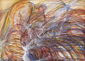 An abstract work of many swirling lines in reds, oranges, yellow, blue and white on a pale orange background