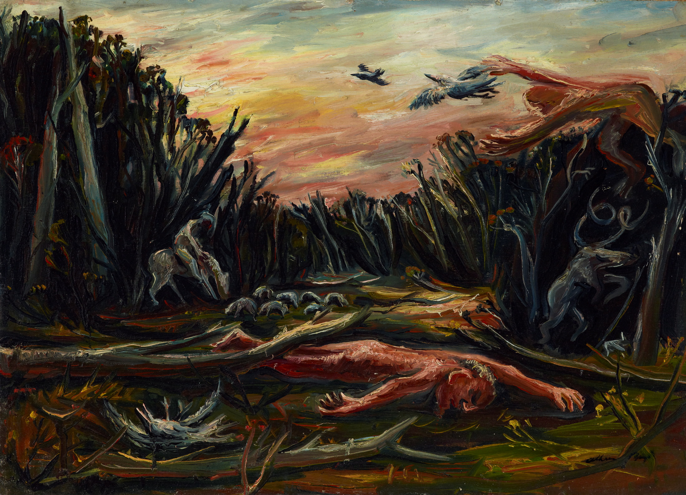 A figure lies on the ground among looming bare trees