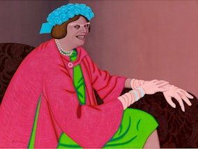 A seated person in a green dress, pink coat, blue hat, gloves, pearles and glasses