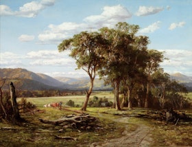 A landscape painting with a few cattle, open fields, trees, distant hills
