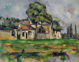 Houses and trees on a bank of grass