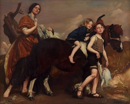An adult, two children and a horse