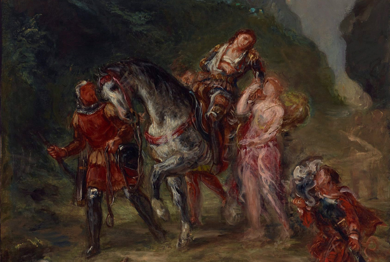 A wounded person on a horse, which is being lead by another person, rests their arm on a person walking beside the horse