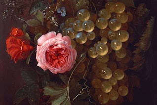 Two large flowers, grapes and leaves