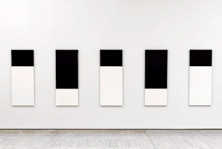 Five black-and-white rectangular panels on a wall