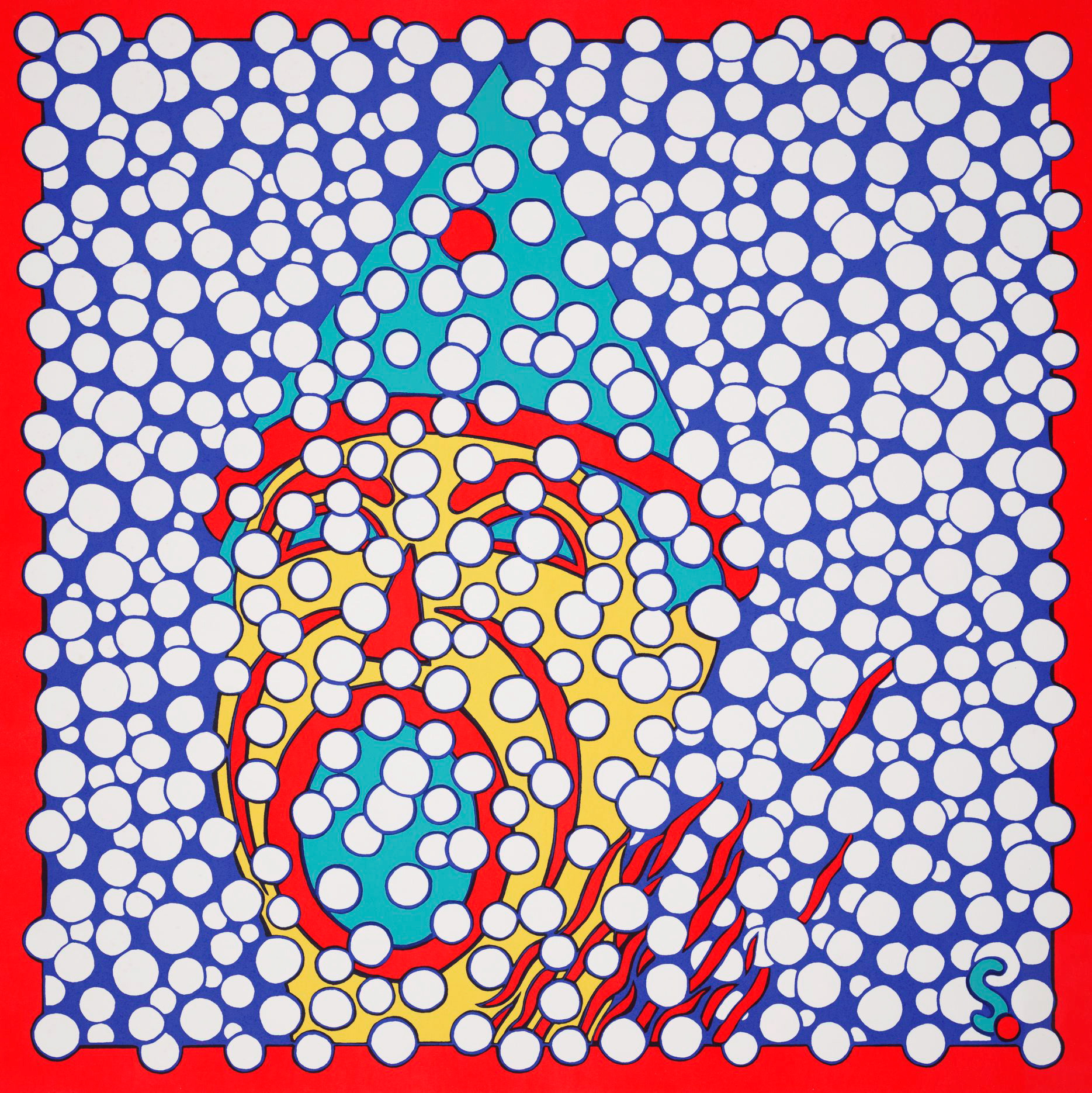 The head of an open-mouthed clown patterned with many white circles