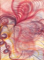 An abstract painting of swirling pink, purple and yellow lines on a pale background