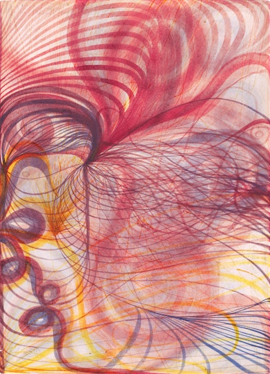 An abstract painting of swirling pink, purple and yellow lines on a pale background