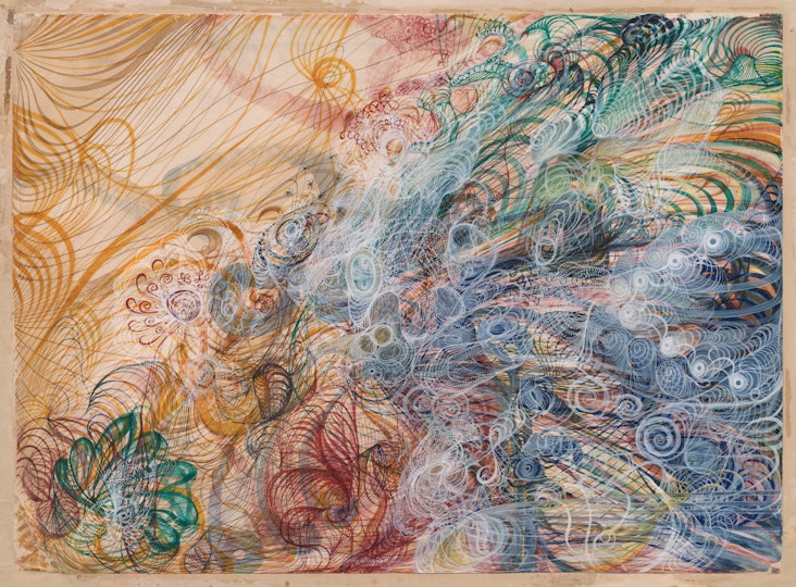 An abstract painting with a mass of swirling lines in different colours on a pale background
