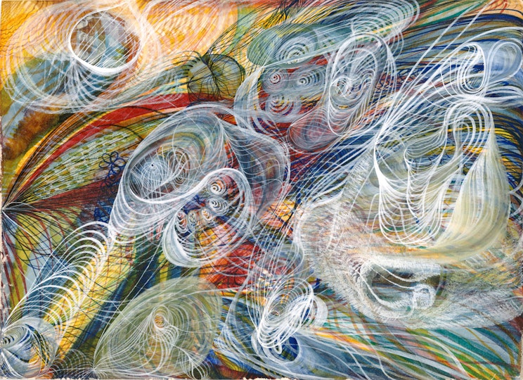 A painting of many swirling lines in different colours