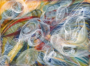 A painting of many swirling lines in different colours