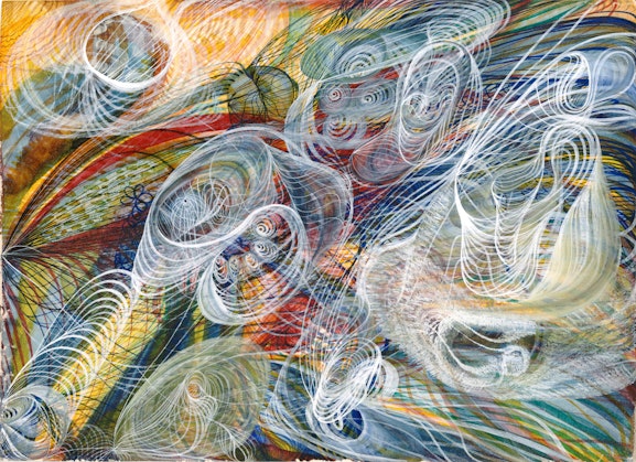 A painting of many swirling lines in different colours