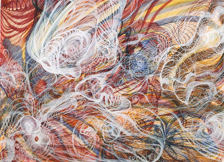 A painting of many swirling lines in different colours